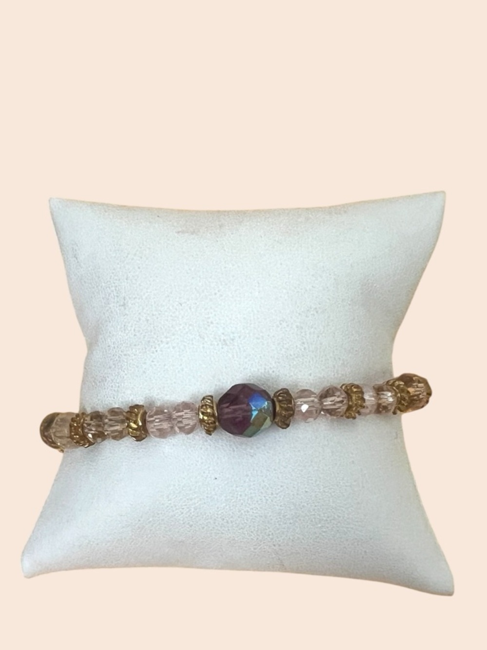 Clear/Pink crystals with Gold tone & Iridescent Bead Bracelet